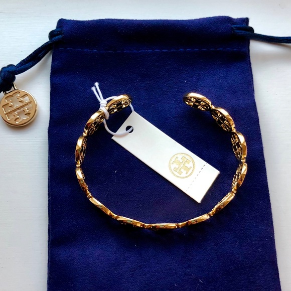 Tory Burch Gold Logo Cuff Shiny Brass Bracelet NEW - Picture 7 of 7